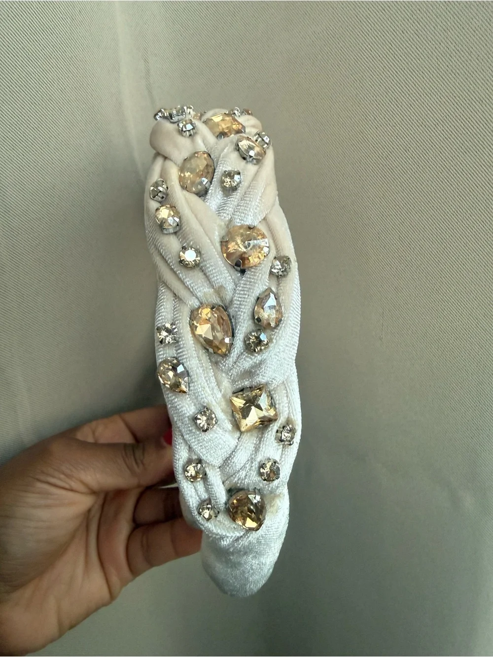 Embellished Ivory Velvet Padded Headband with Crystal Accents